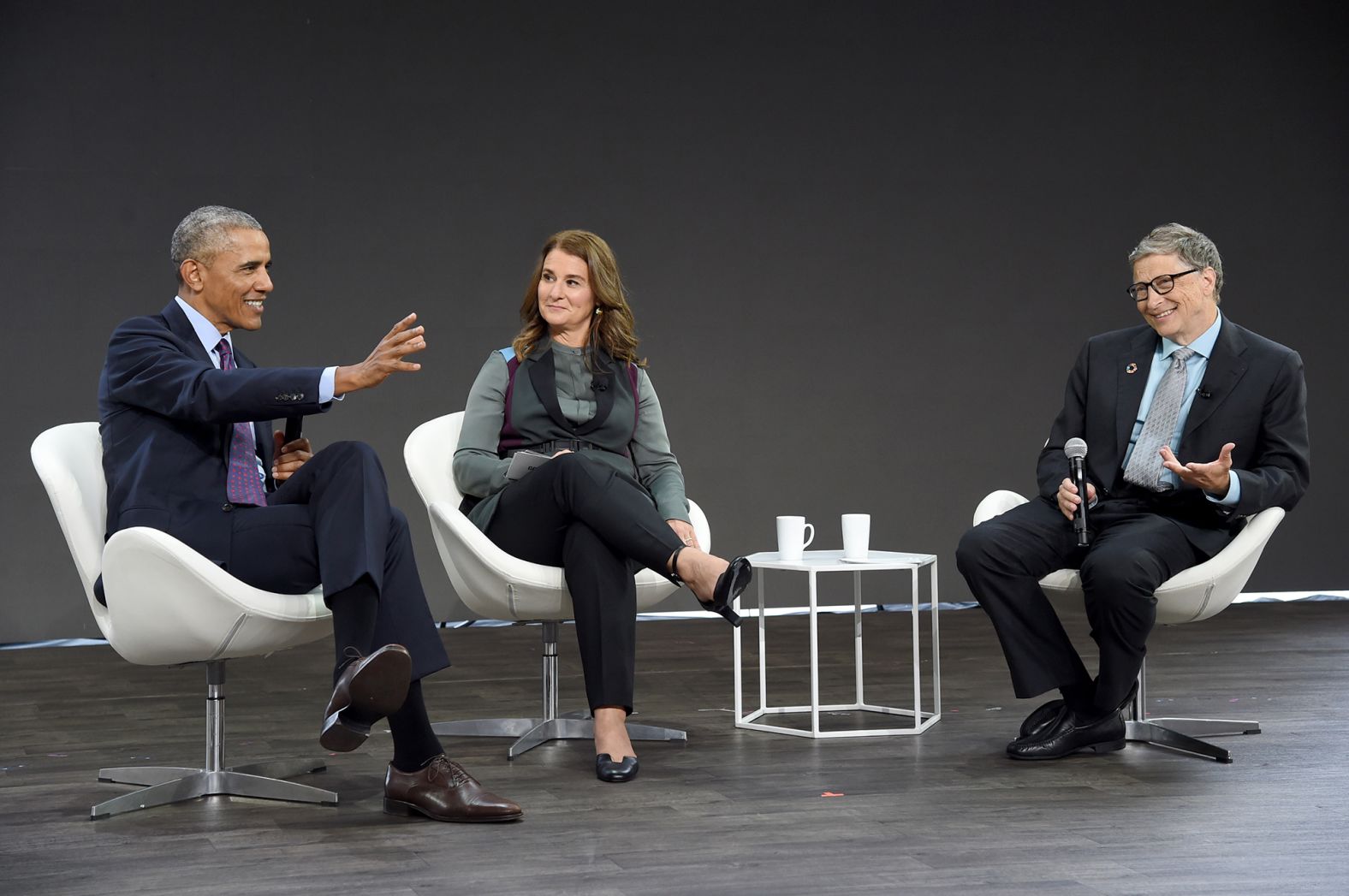 The Gateses speak at an event in New York with US President Barack Obama in 2017.