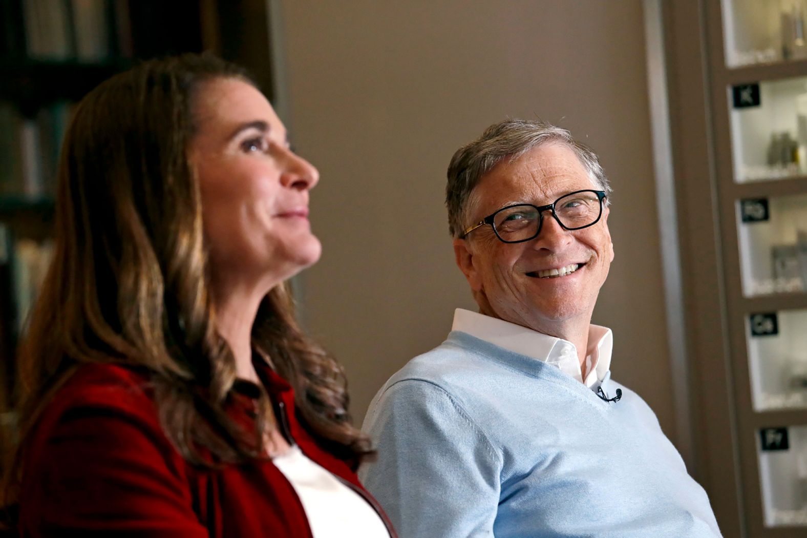 Gates looks at his wife, Melinda, as they are interviewed in Kirkland, Washington, in 2019. <a href="https://www.cnn.com/2021/05/03/tech/bill-and-melinda-gates-divorce/index.html" target="_blank">They divorced in 2021</a> after 27 years of marriage.