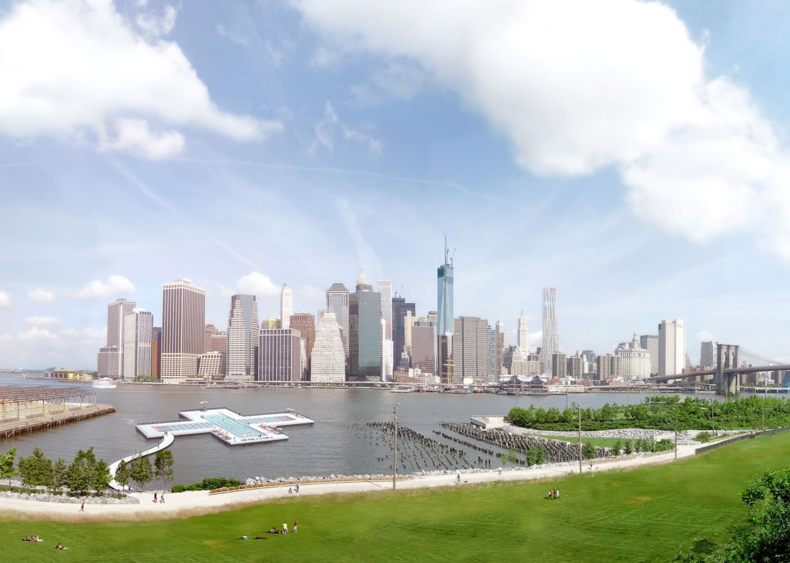 Another rendering of + Pool against the New York skyline.