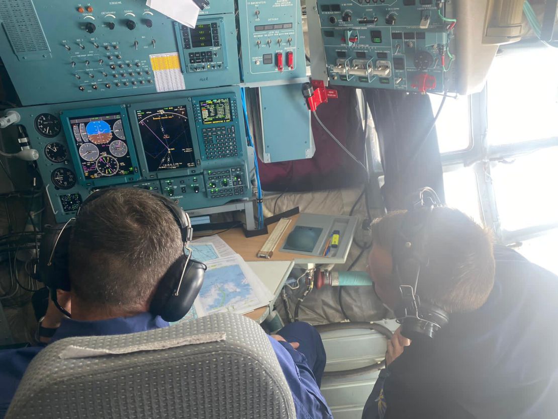 Inside the navigator's area of the Ilyushin Il-76 cargo plane.