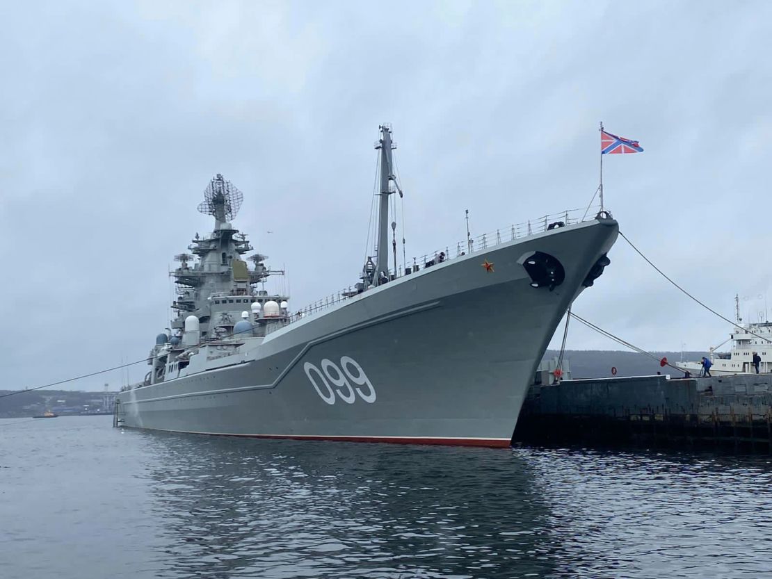 Russian battlecruiser Peter the Great is photographed docked in Severomorsk. 