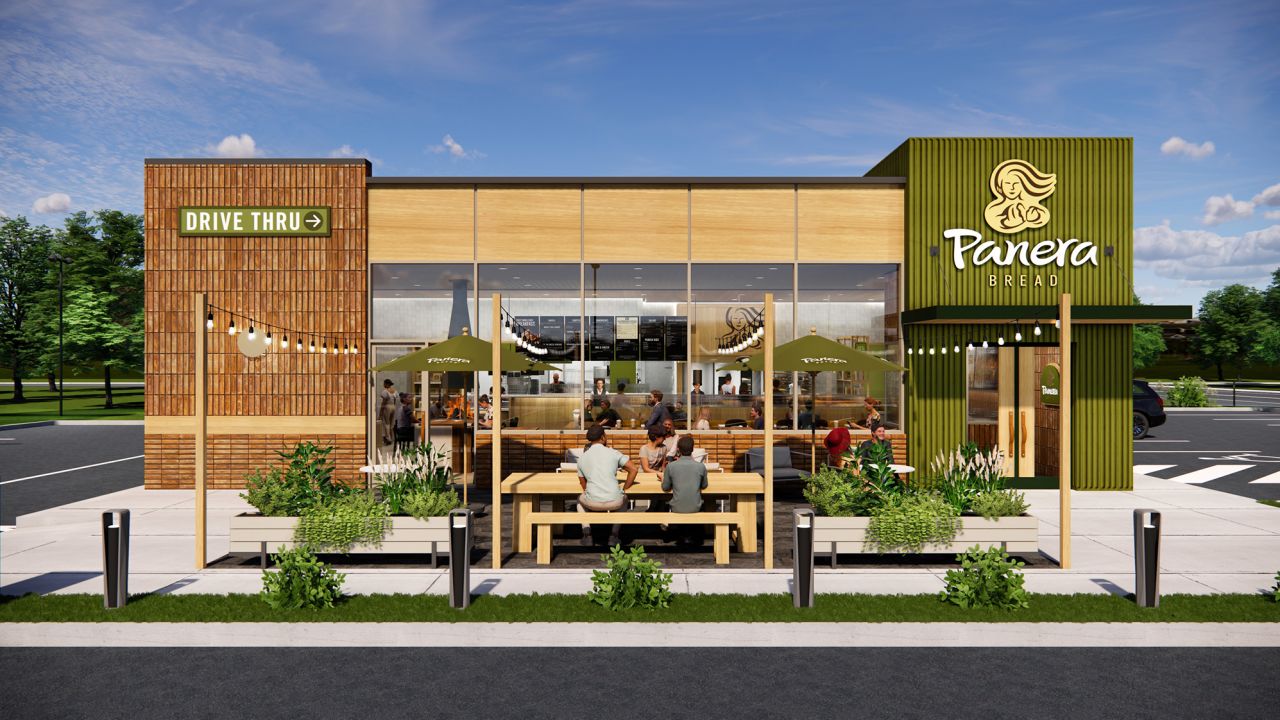 A rendering of the exerior of a newly designed Panera location.