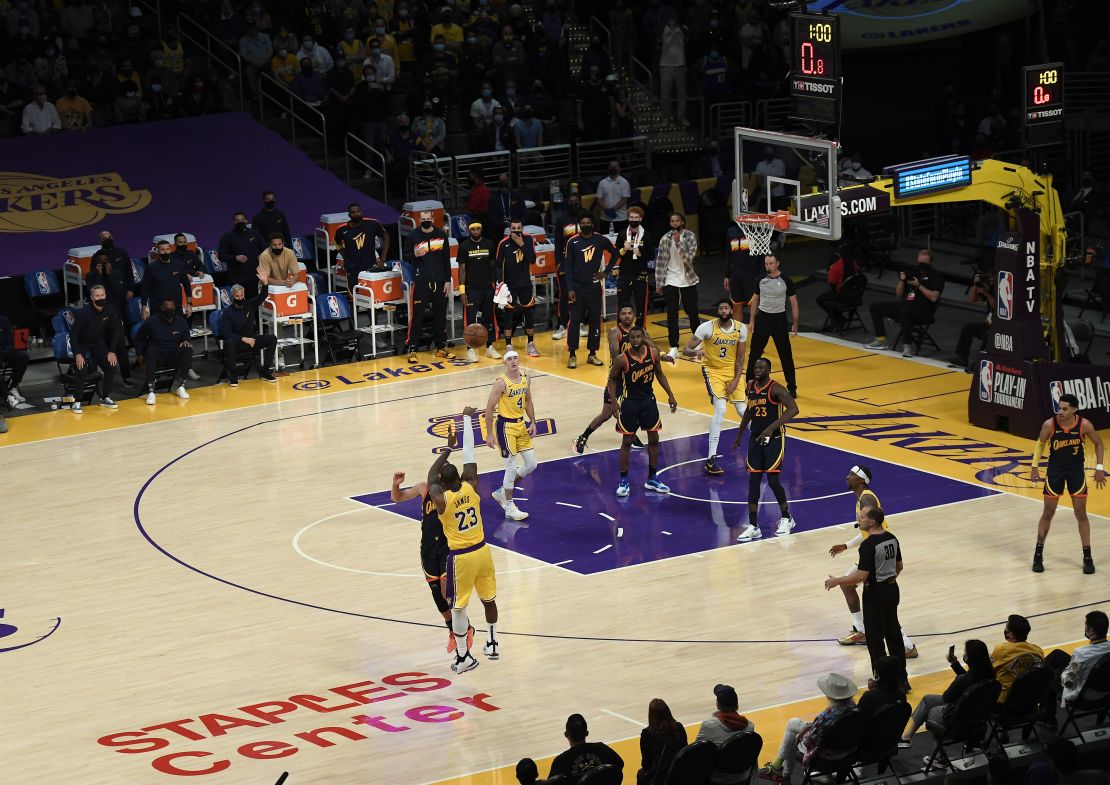 LeBron James scores his game-winning shot at Staples Center.