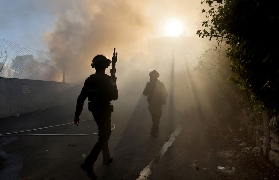 Members of the Israeli security forces patrol the flashpoint neighborhood of Sheikh Jarrah, in east Jerusalem, during Palestinian protests on May 18.