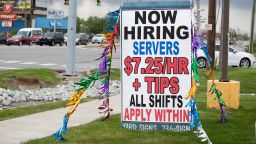 "Now Hiring" signs outside businesses in Indianapolis, IN on May 7, 2021. With businesses re-opening, many employers are looking to re-hire as quickly as possible. (Photo by Jason Bergman / Sipa USA)