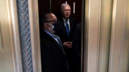 Senator Mitch McConnell (R-KY), the Senate Minority Leader, boards an elevator at the U.S. Capitol, in Washington, D.C., on Wednesday, May 19, 2021. Amid debate over the scope of a proposed January 6 Commission within the Republican Party, today Minority Leader McConnell announced his opposition to the commission. 