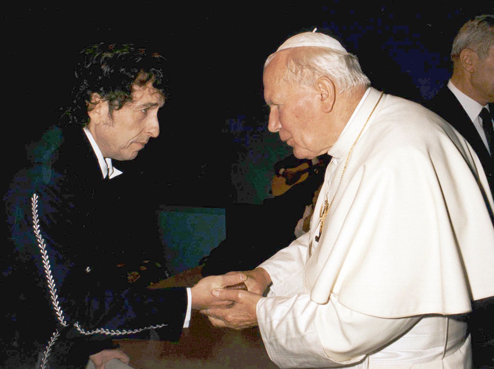 Pope John Paul II greets Dylan, who performed at a concert in the Pope's honor in Bologna, Italy, in 1997.