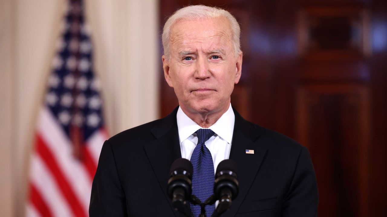 WASHINGTON, DC - MAY 20: U.S. President Joe Biden delivers remarks on the conflict in the Middle East from Cross- Hall of the White House on May 20, 2021 in Washington, DC. Israel and Hamas announced that they would agree to a cease-fire, which will take into effect on Friday, following days of fighting that claimed more than 200 lives. (Photo by Anna Moneymaker/Getty Images)