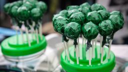 Hemp lollipops are sold during demonstration to demand the legalization of marijuana in Krakow, Poland on 20 May, 2017. 
 (Photo by Beata Zawrzel/NurPhoto via Getty Images)