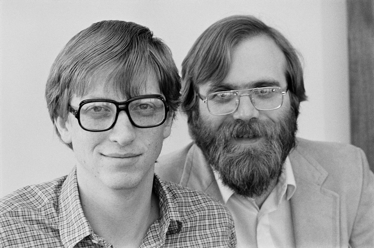 Gates and Allen in 1983, just after completing MS-DOS (Microsoft Disk Operating System) for the Tandy laptop and signing a contract to write MS-DOS for IBM. Microsoft had 100 employees in an office in downtown Bellevue, Washington. 