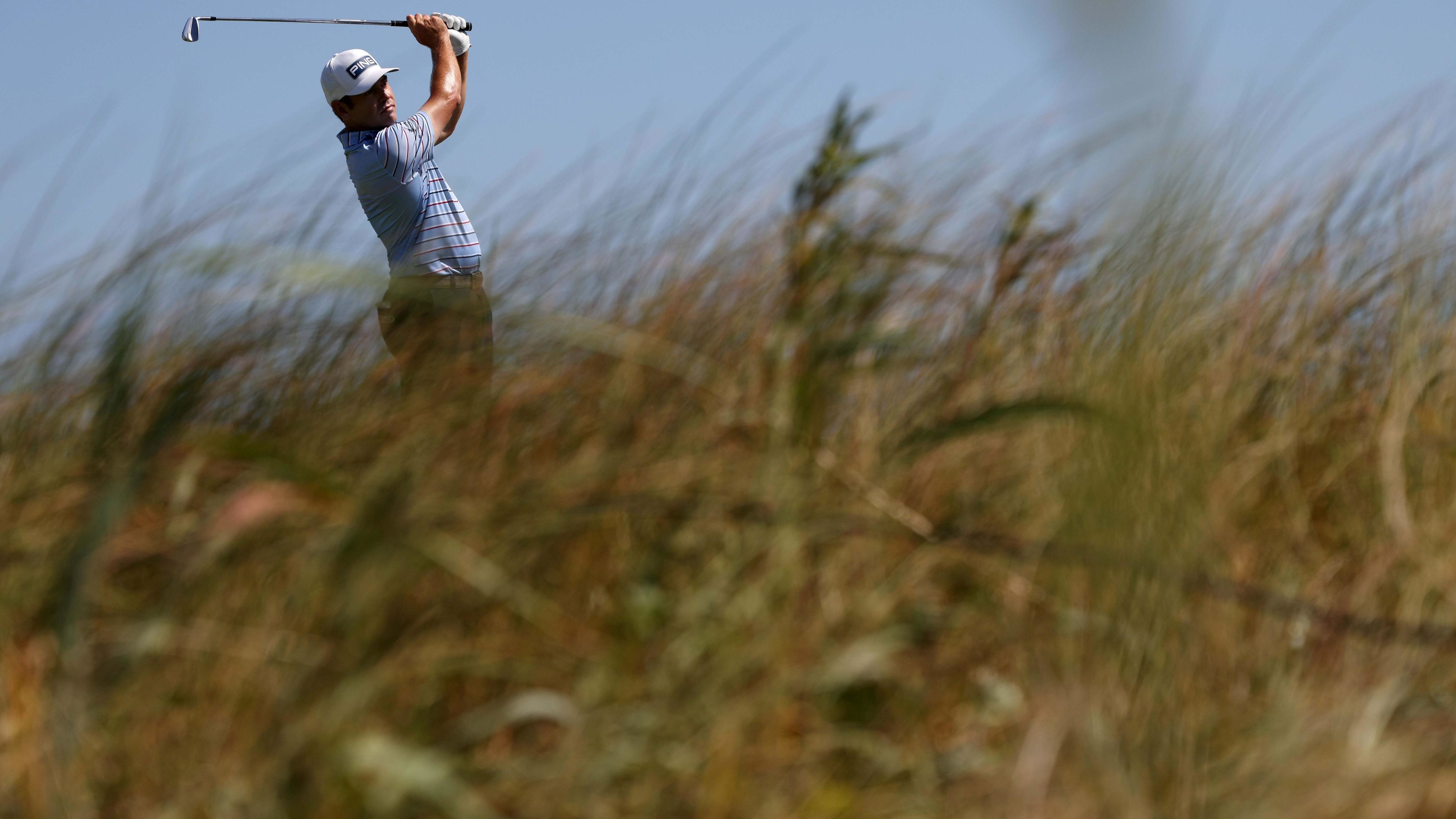 Louis Oosthuizen plays his shot from the eighth tee during the second round of the 2021 PGA Championship on Friday, May 21.