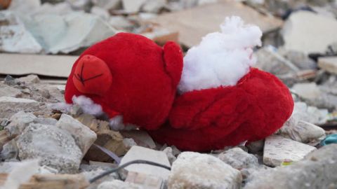A stuffed toy found among the ruins on Al-Wahdah street.