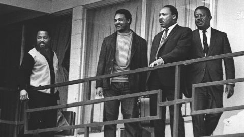 This April 3, 1968 file photo shows the Rev. Martin Luther King Jr., second from right, with other civil rights leaders on the balcony of the Lorraine Motel in Memphis a day before King was assassinated. With him from left are Hosea Williams, Jesse Jackson and Ralph Abernathy. 