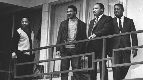 This April 3, 1968 file photo shows the Rev. Martin Luther King Jr., second from right, with other civil rights leaders on the balcony of the Lorraine Motel in Memphis a day before King was assassinated. With him from left are Hosea Williams, Jesse Jackson and Ralph Abernathy.