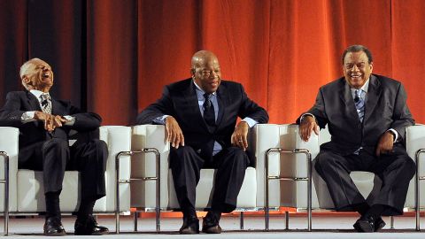 Former Ambassador Andrew Young, Rep. John Lewis and C.T. Vivian, right to left, at a conference in 2014 in Atlanta.