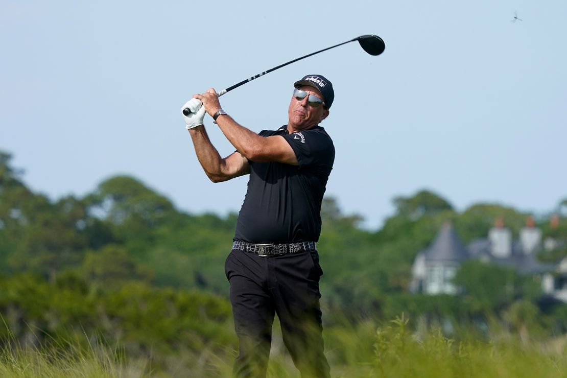 Mickelson hits the ball on the 11th hole during the third round at the PGA Championship.