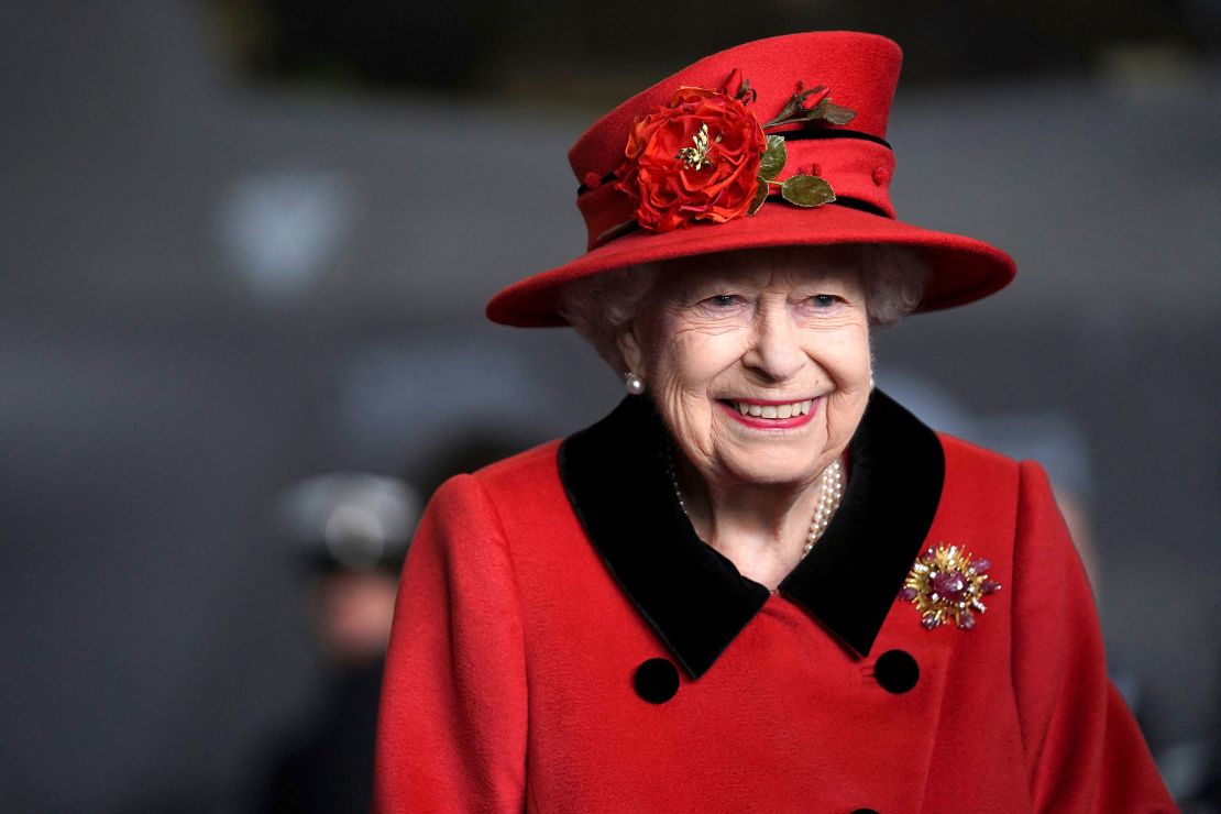 Britain's Queen Elizabeth II is seen during her visit to the aircraft carrier HMS Queen Elizabeth in Portsmouth, southern England on May 22, 2021.