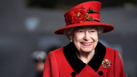 Britain's Queen Elizabeth II is seen during her visit to the aircraft carrier HMS Queen Elizabeth in Portsmouth, southern England on May 22, 2021.