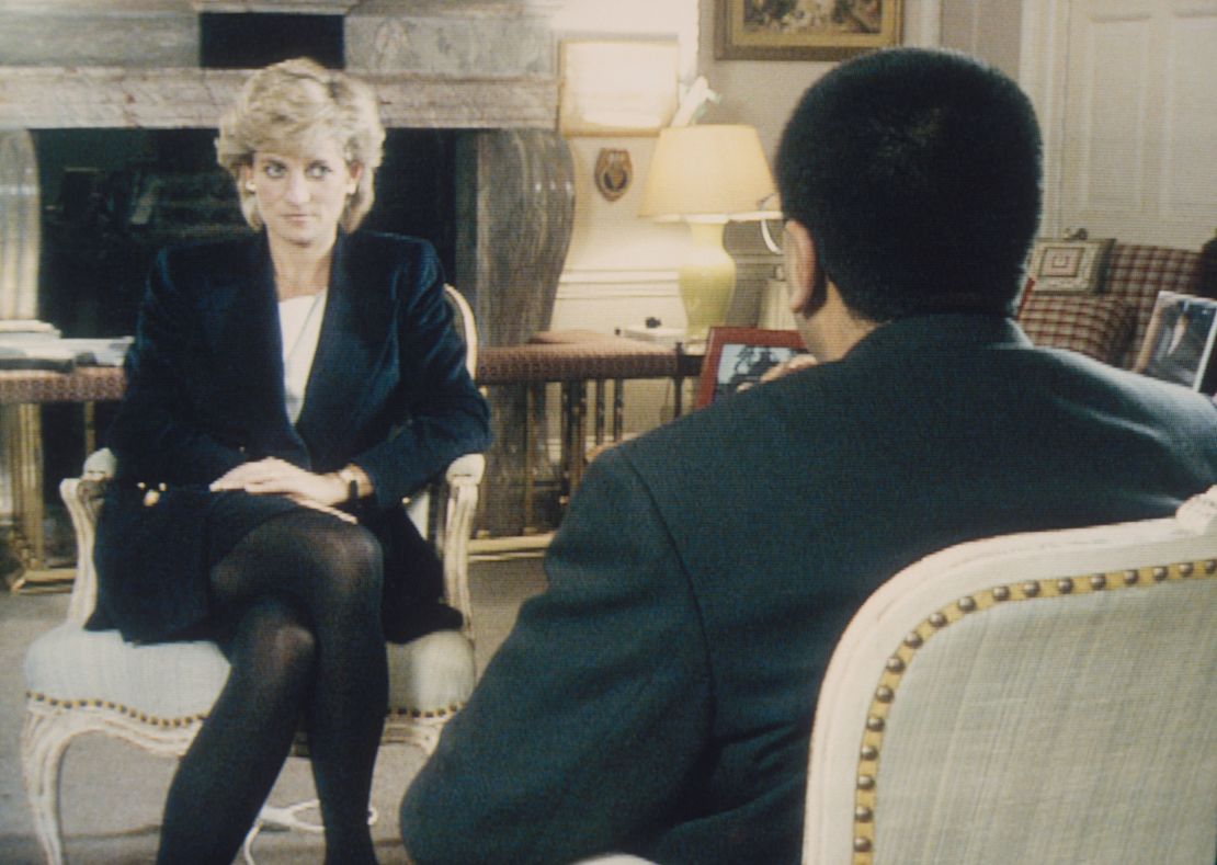 Martin Bashir interviews Princess Diana at Kensington Palace for the BBC Panorama program in 1995.