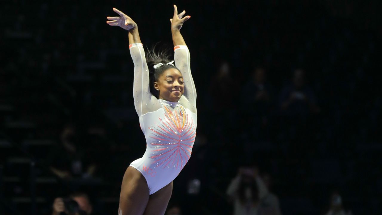Simone Biles becomes the first woman to land a Yurchenko double pike during competition at the 2021 GK US Classic in Indianapolis, Indiana on Saturday.