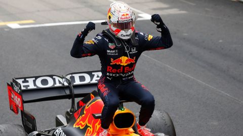 Verstappen celebrates after winning the Monaco Grand Prix.