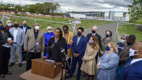 Windsor Town Council member Nuchette Black-Burke speaks at a May 7 news conference outside the Amazon construction site where several nooses have been found in Windsor, Connecticut.