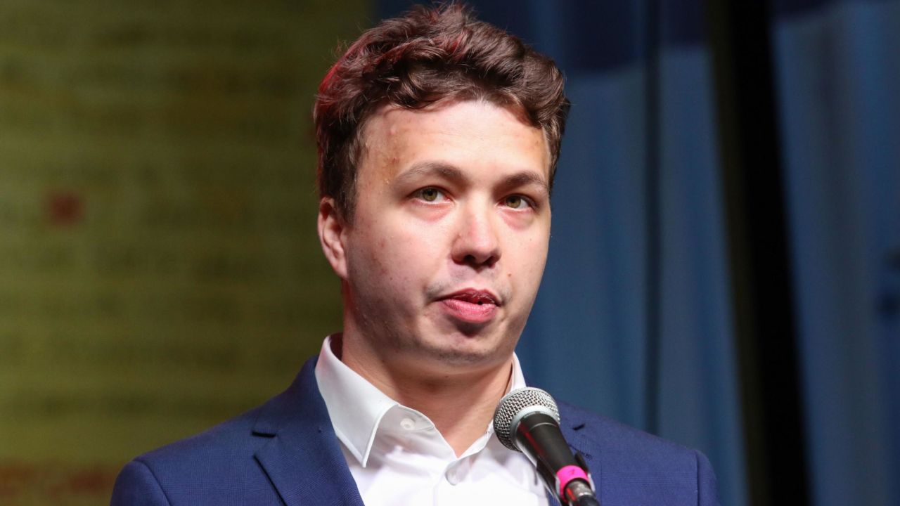 Former chief editor of a Telegram channel Nexta Raman Pratasevich, shown here in August 2020, was detained in Minsk onboard a Ryanair plane that made an emergency landing in the Belarusian capital.