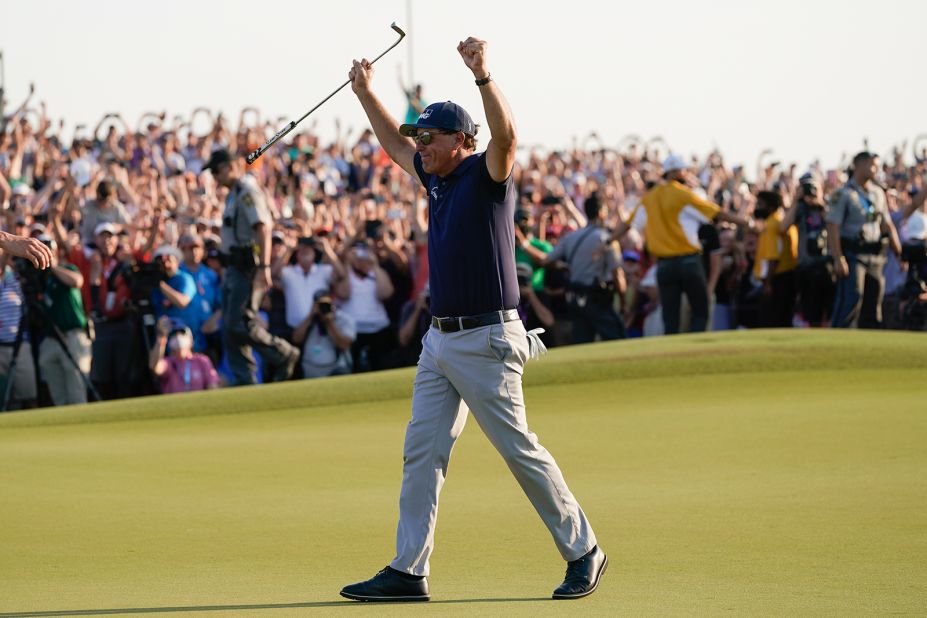 Phil Mickelson celebrates after winning the final round at the PGA Championship golf tournament.