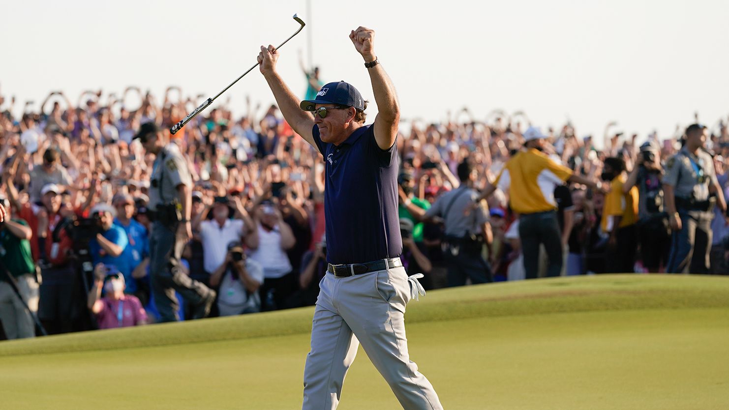 Phil Mickelson celebrates after winning the final round at the PGA Championship golf tournament.