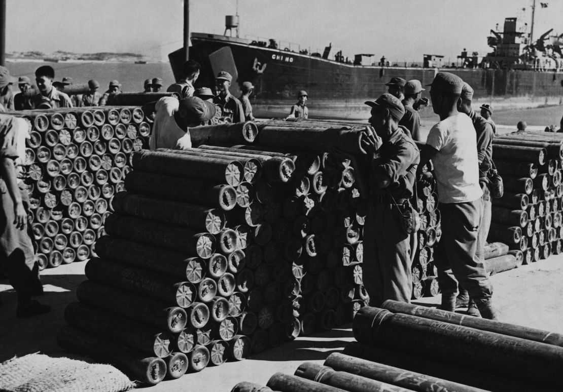 Soldiers stack artillery shells at the seaport on Quemoy Island in 1958 around the time of the Taiwan Strait crisis.