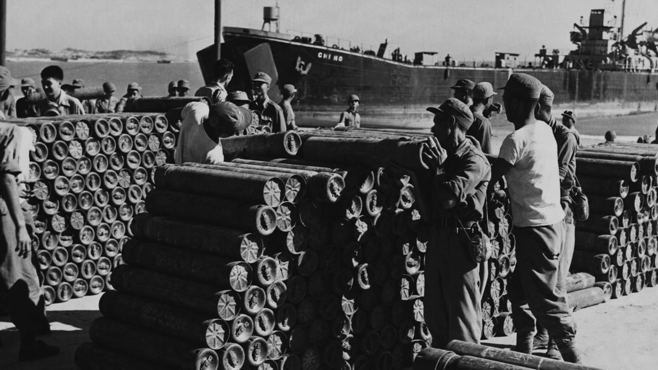 Soldiers stack artillery shells at the seaport on Quemoy Island in 1958 around the time of the Taiwan Strait crisis.