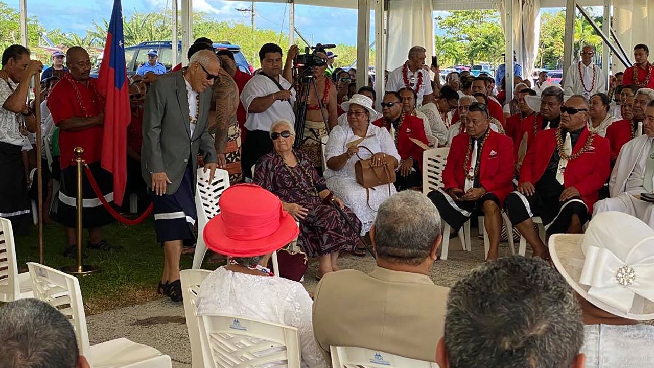 Samoa's Fiame Naomi Mata'afa waits with members of the judiciary parliament in Apia on May 24, 2021, after been locked out of t