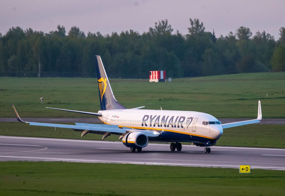 The Ryanair plane lands at the airport outside Vilnius, Lithuania, Sunday, May 23, 2021.