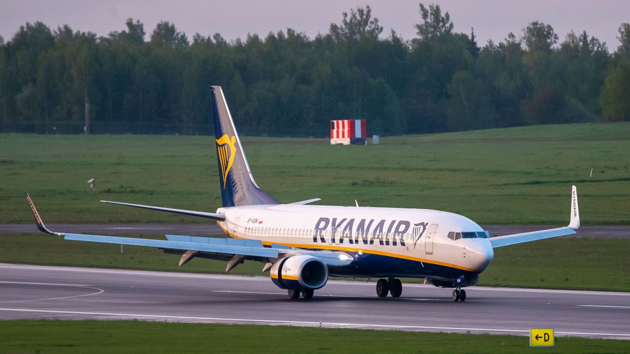 The Ryanair plane lands at the airport outside Vilnius, Lithuania, Sunday, May 23, 2021.