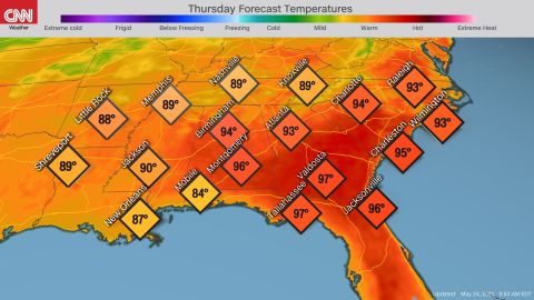 The forecast for high temperatures in the Southeast on Thursday