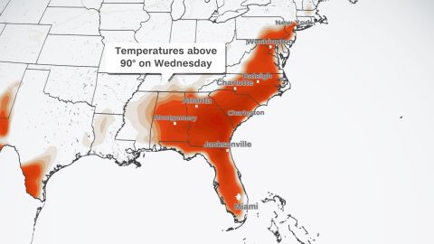 Areas shaded in red are forecast to have a high temperature above 90 degrees on Wednesday