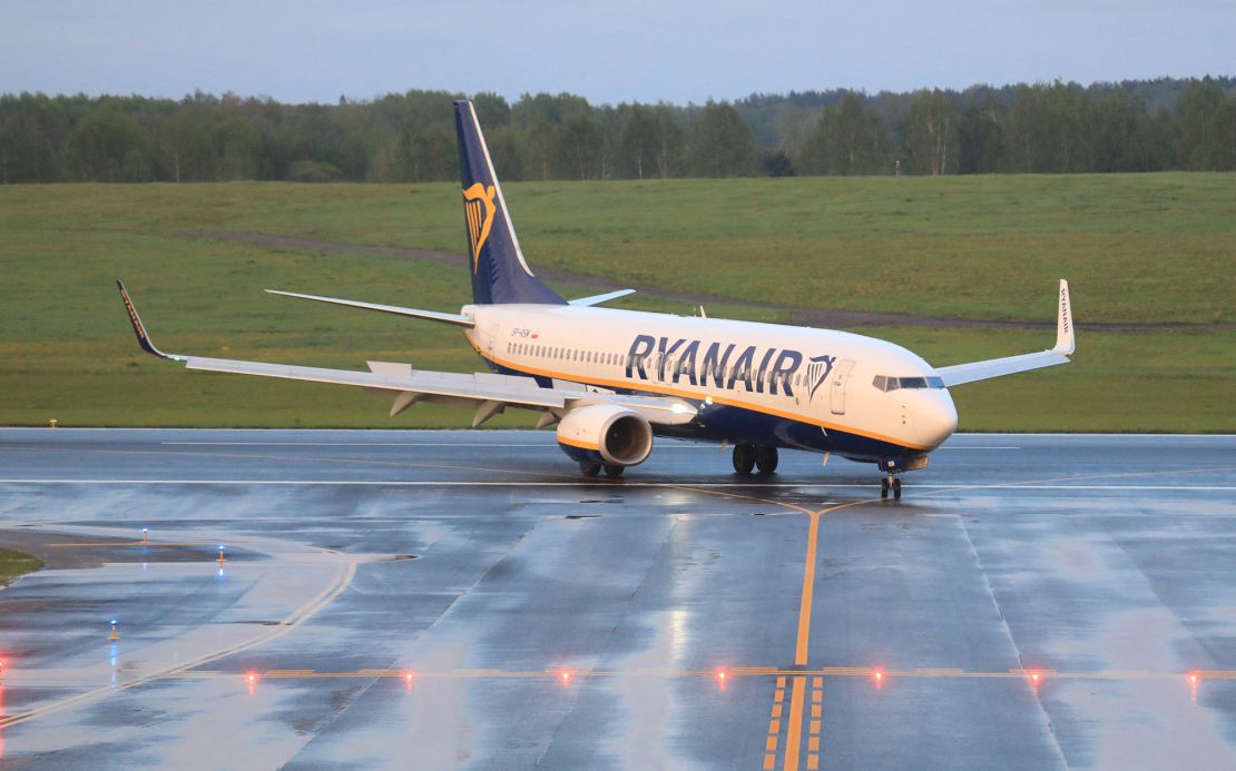 A photo taken on May 23, 2021 shows a Boeing 737-8AS Ryanair passenger plane from Athens, Greece, that was intercepted and diverted to Minsk on the same day by Belarus authorities