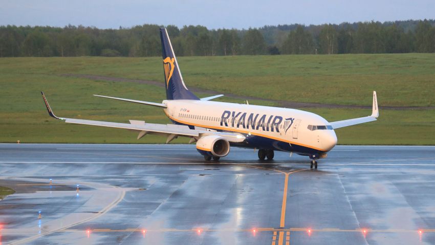 A photo taken on May 23, 2021 shows a Boeing 737-8AS Ryanair passenger plane (flight FR4978, SP-RSM) from Athens, Greece, that was intercepted and diverted to Minsk on the same day by Belarus authorities, landing at Vilnius International Airport, its initial destination. - European Union leaders will discuss toughening their sanctions regime against Belarus on May 24 at their planned summit, after Minsk diverted the Ryanair passenger flight flying from Athens to Vilnius and arrested Belarusian opposition activist Roman Protasevich.