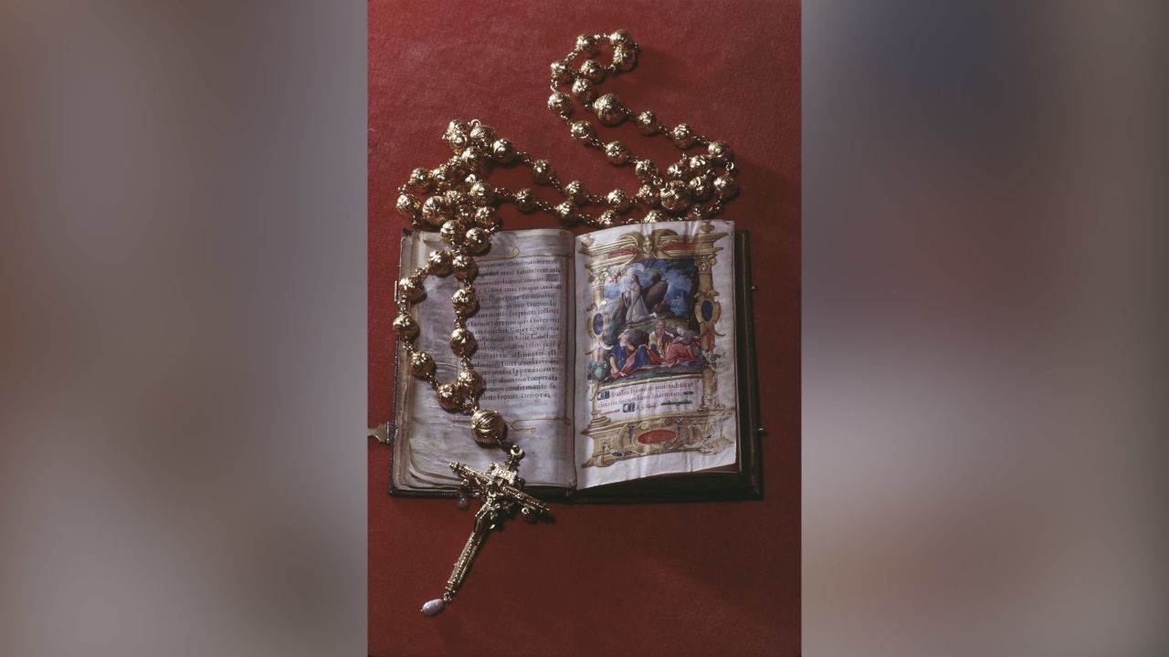 The rosary beads and bible that belonged to Mary, Queen of Scots (1542-1587).