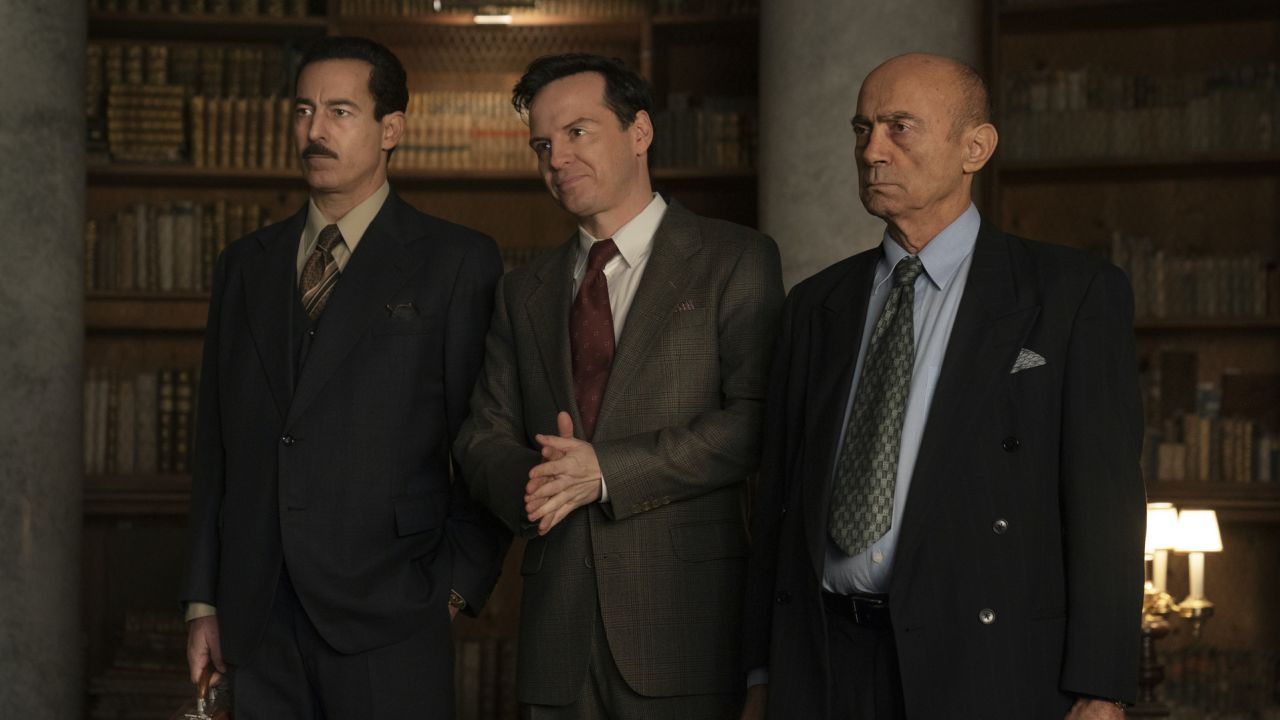 Salim Daw, Andrew Scott and Waleed Zuaiter in HBO's movie adaptation of the play "Oslo." 