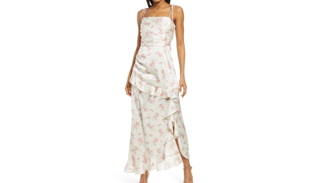 Wayf Floral Tie Strap Satin Maxi Dress