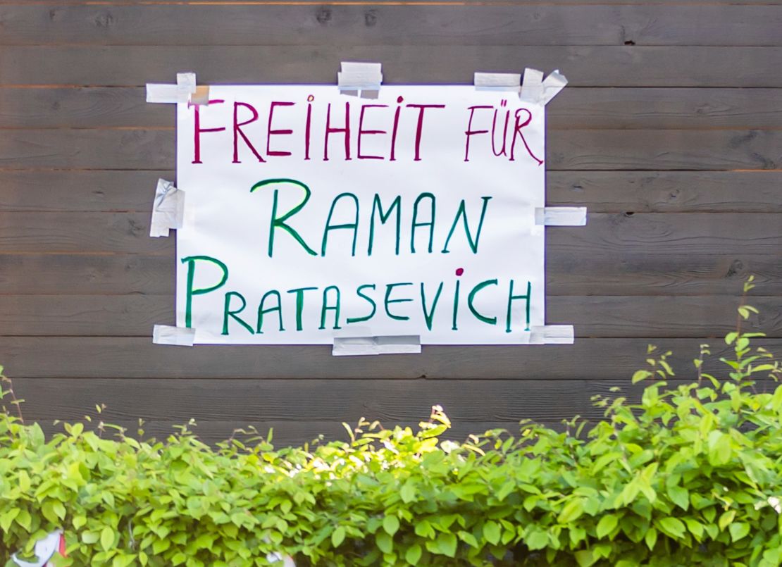 "Freedom for Raman Pratasevich" (Protasevich) is written on a protest wagon in front of the Embassy of Belarus in Berlin, Germany, Monday, May 24, 2021.