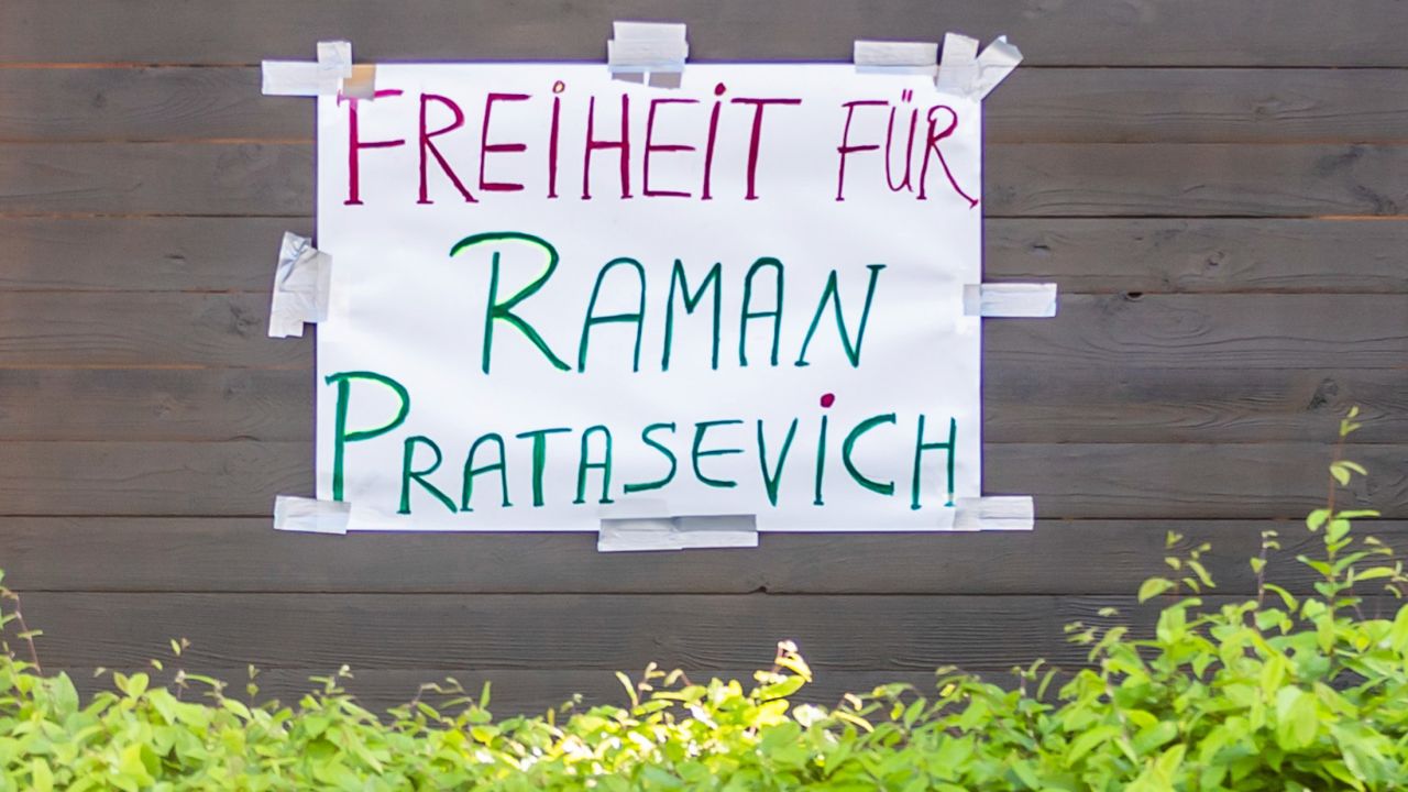 "Freedom for Raman Pratasevich" (Protasevich) is written on a protest wagon in front of the Embassy of Belarus in Berlin, Germany, Monday, May 24, 2021.