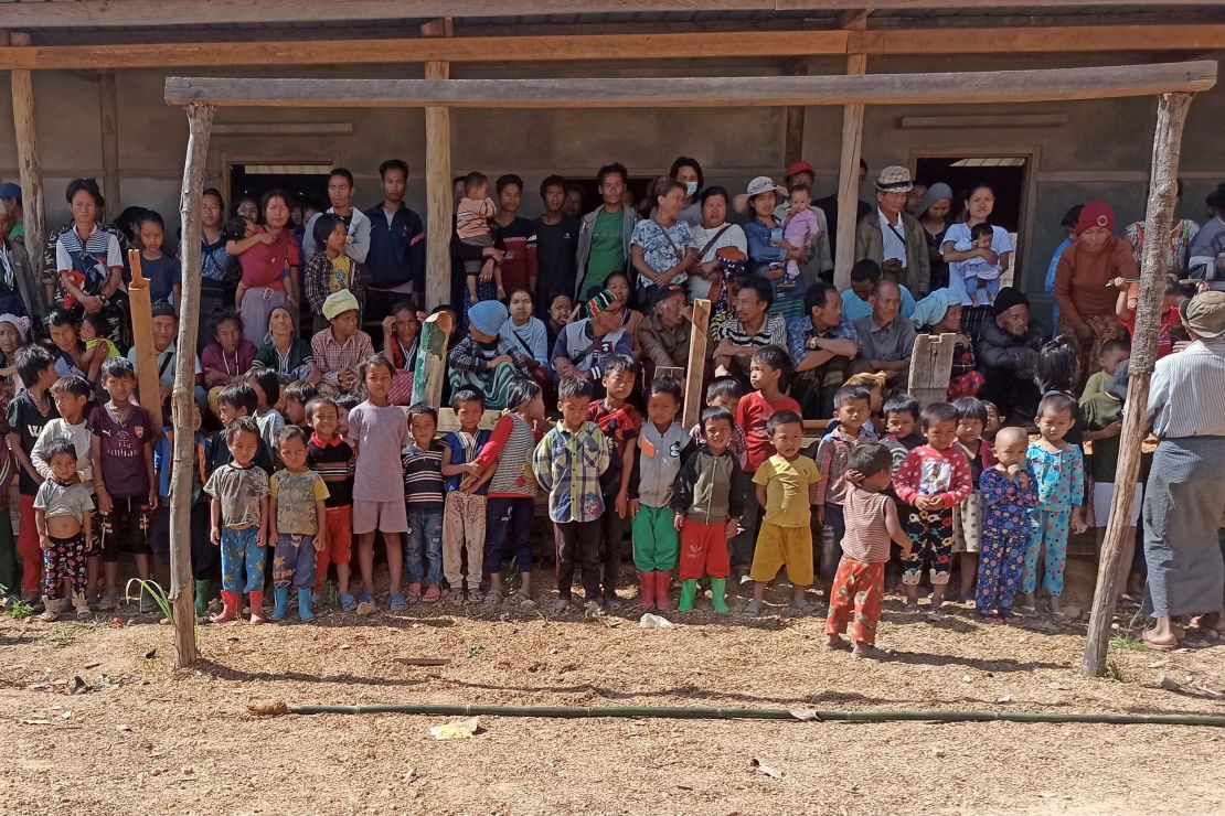 People displaced by fighting from Myanmar's northwestern town of Mindat are pictured in Chin State on May 20.