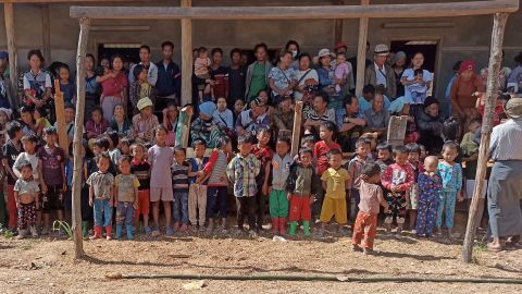 People displaced by fighting from Myanmar's northwestern town of Mindat are pictured in Chin State on May 20.