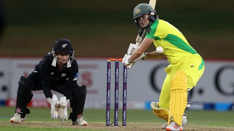 Perry plays a shot against New Zealand on April 10, 2021.