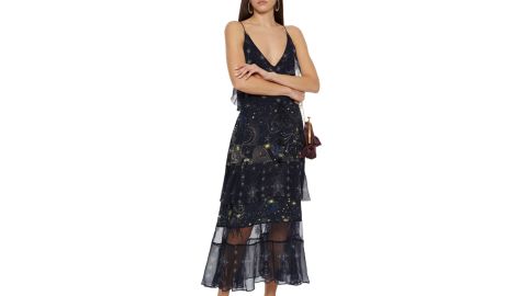 Camilla Tiered Georgette-Paneled Embellished Silk Crepe de Chine Dress