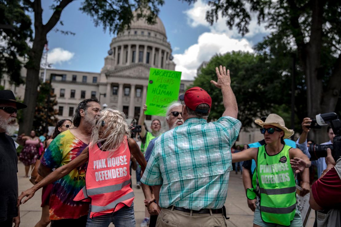 In this May 21, 2019, file photo, activists demonstrate for and against abortion rights in front of the Mississippi state Capitol in Jackson.