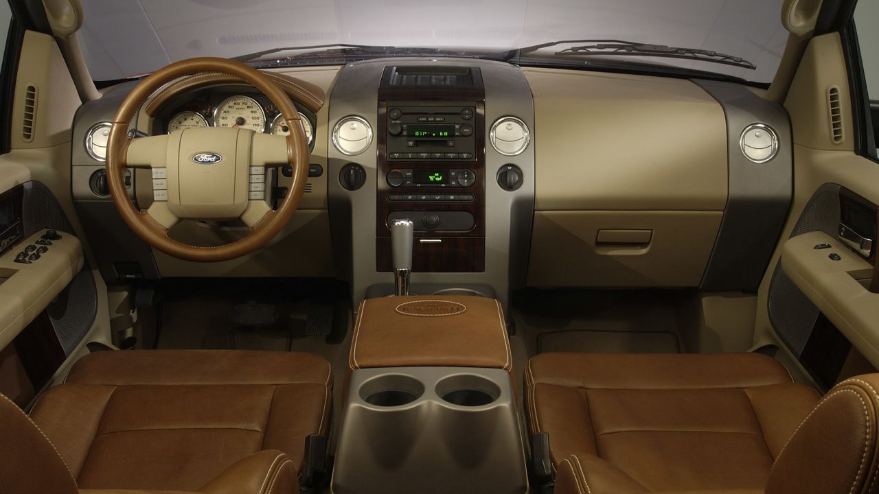 Pickup trucks can now be purchased with interiors rivaling those in luxury cars, like this one in the 2005 Ford F-150 King Ranch model.