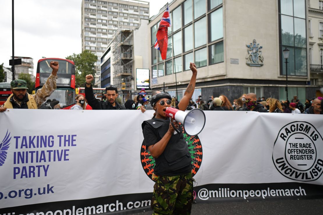 British Black Lives Matter activist Sasha Johnson demonstrates at the inaugural Million People March in London on August 30, 2020.